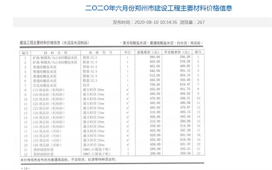 2020年6月份鄭州混凝土信息價(jià)