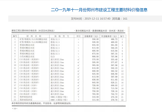 2019年11月份鄭州市商品混凝土基準信息價